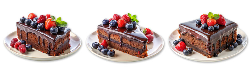Closeup of a chocolate cake slice with delicious glaze and berries on a white plate isolated on transparent background