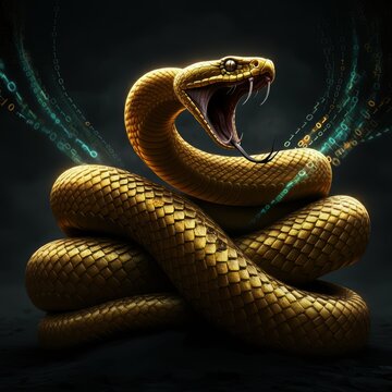 A golden snake intertwined with binary code, symbolizing Python programming and coding.