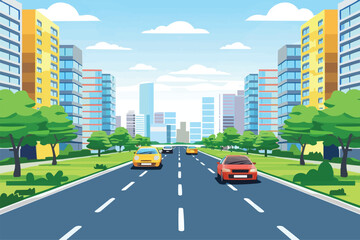 Obraz premium road in front of multi-storey buildings with city landscape