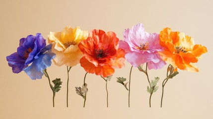 Artificial flowers in various bright colors levitating against a neutral backdrop, creating a visually striking and ethereal composition.