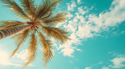 Palm Tree on a Tropical Beach with a Blue Sky and White Clouds.