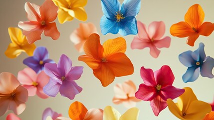 Fototapeta premium Artificial flowers in various bright colors levitating against a neutral backdrop, creating a visually striking and ethereal composition.