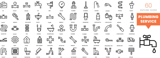 Set of minimalist linear plumbing service and bathroom icons. Vector illustration