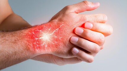 A closeup of a person vigorously scratching their forearm, red and inflamed skin with visible irritation