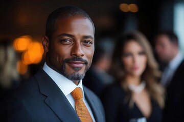 diverse group of business professionals networking at an upscale event modern venue ambient lighting animated conversations and a mix of formal and smart casual attire