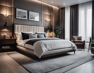 clean and modern bedroom interior in the house - Generative AI.