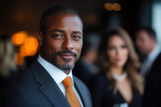 diverse group of business professionals networking at an upscale event modern venue ambient lighting animated conversations and a mix of formal and smart casual attire