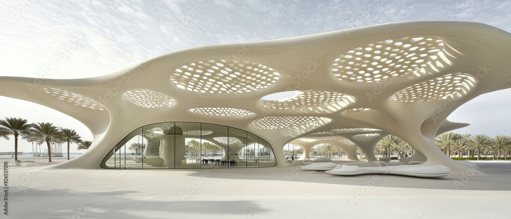 Poster futuristic architectural design showcasing organic shapes and intricate patterns under soft sunlight