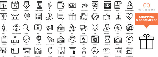 Set of minimalist linear shopping and ecommerce icons. Vector illustration
