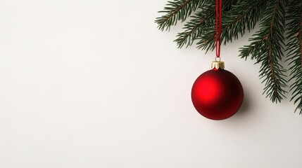 A minimalist Christmas greeting card with a single red ornament hanging from a pine branch, simple and elegant design, clean lines, monochromatic palette, modern digital art