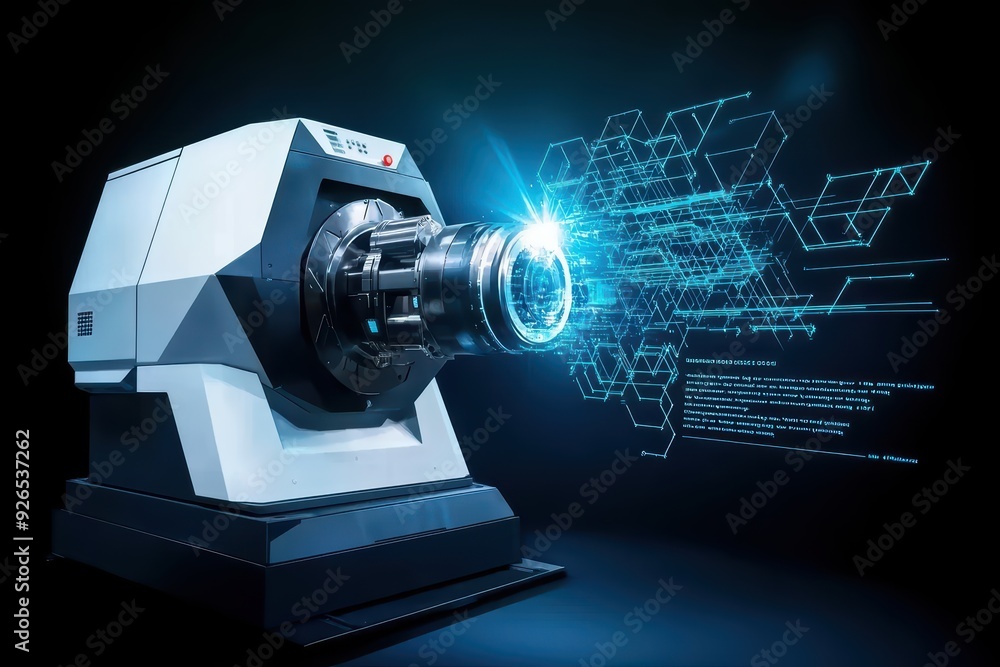 Poster futuristic machine emitting light with data visualization, representing advanced technology and inno