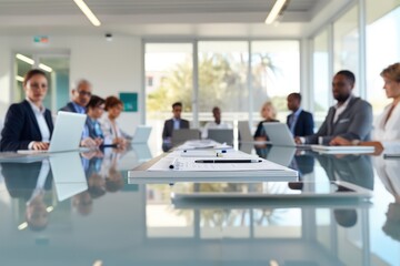 Business leaders engage in strategic planning in a modern boardroom, utilizing laptops, tablets, and key documents.