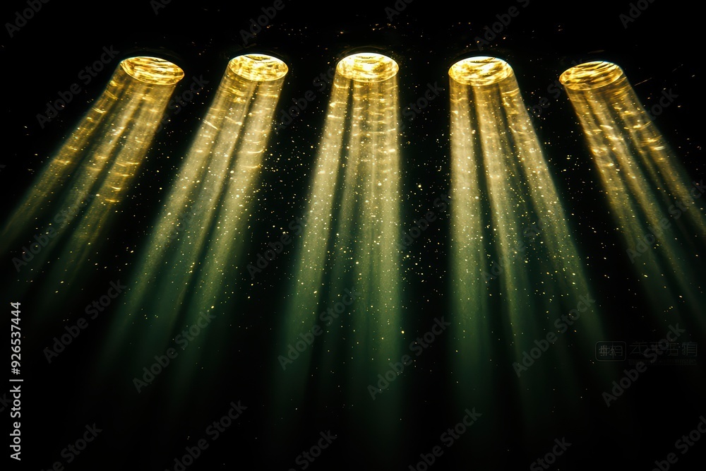 Poster golden light beams illuminate a dark space, creating a magical and ethereal atmosphere with scattere