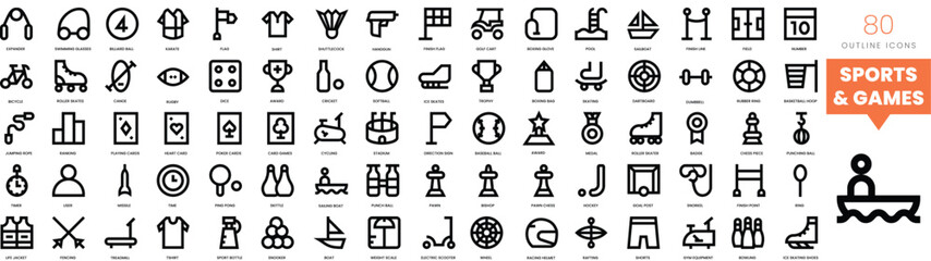 Set of minimalist linear sports and games icons. Vector illustration