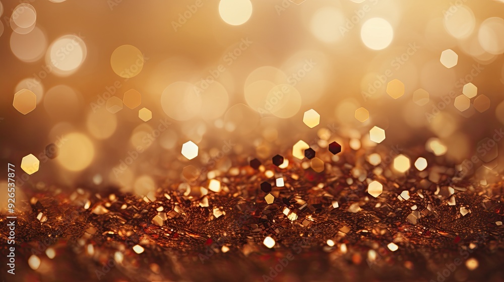 Poster a shimmering background with golden bokeh and sparkling elements for design purposes.