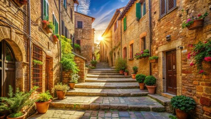 Charming narrow street in Italy with stone steps, brick buildings and bright sunlight, Italy