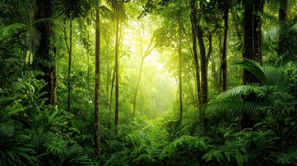 Fototapeta premium Lush green forest with towering trees, vibrant ferns, and soft light filtering through a canopy, creating an enchanting atmosphere.