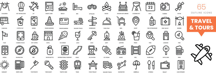 Set of minimalist linear travel and tours icons. Vector illustration