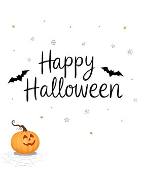 "Happy Halloween" text written on white background, bats, pumpkins