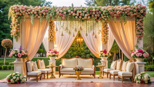 Romantic outdoor Walima venue with flowing drapes, lush floral arrangements, and comfortable seating areas