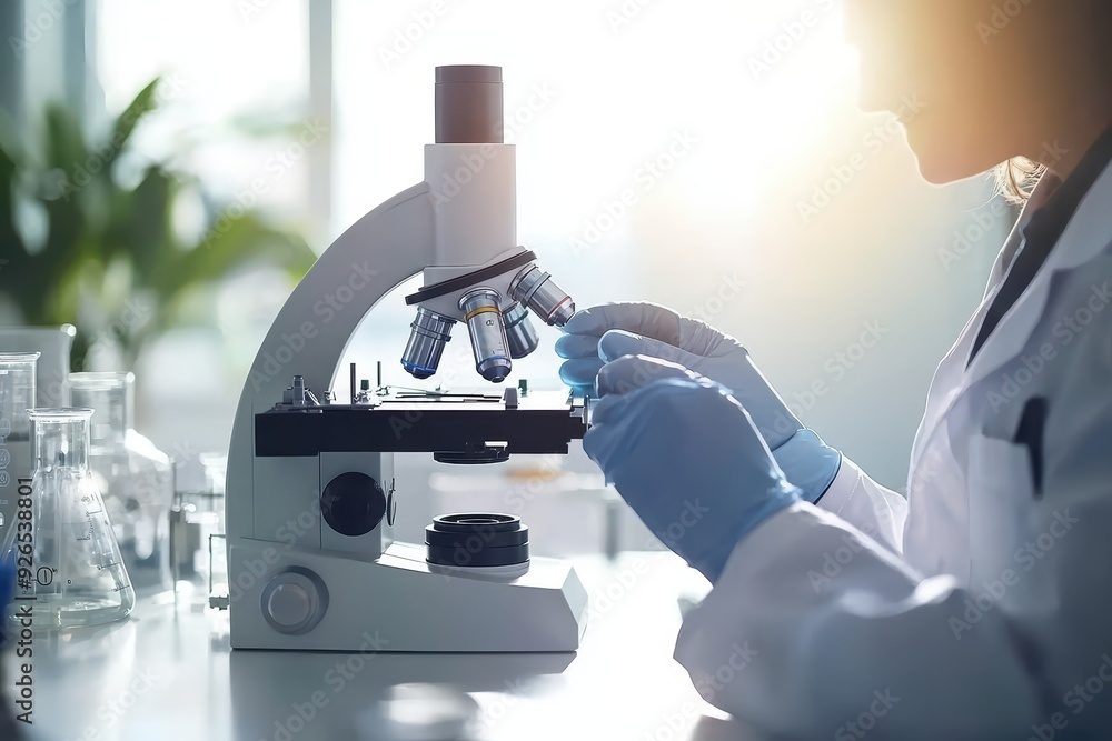 Poster scientist examining specimen under a microscope, focused on research in a modern laboratory with nat