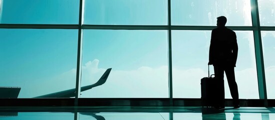 Silhouette of a businessman with a suitcase standing in the airport waiting room