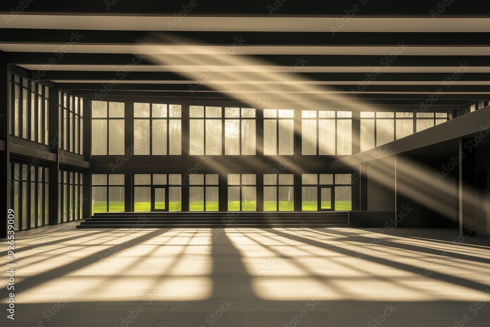 Aufkleber spacious interior featuring large windows with sunlight streaming through, creating dynamic shadows 