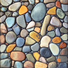 Colorful pebbles create a lively and textured background, each stone unique in color and shape, forming a natural mosaic