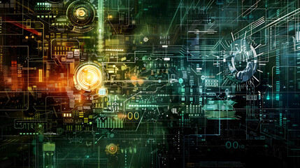 Fototapeta premium Abstract Futuristic Technology Illustration with Green and Orange Hues
