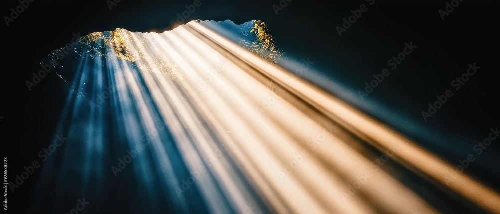Poster stunning light rays streaming through a dark cave entrance, creating a mesmerizing effect and illumi