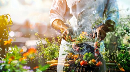 Fototapeta premium A chef proudly displays a colorful harvest of fresh vegetables from the garden, showcasing culinary creativity and farm-to-table freshness.