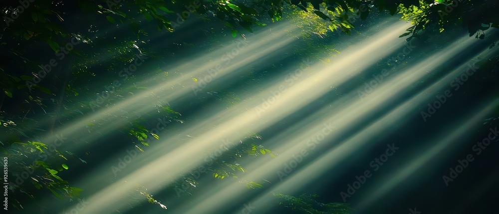 Poster sunlight streams through dense forest foliage, creating a serene and enchanting atmosphere in nature