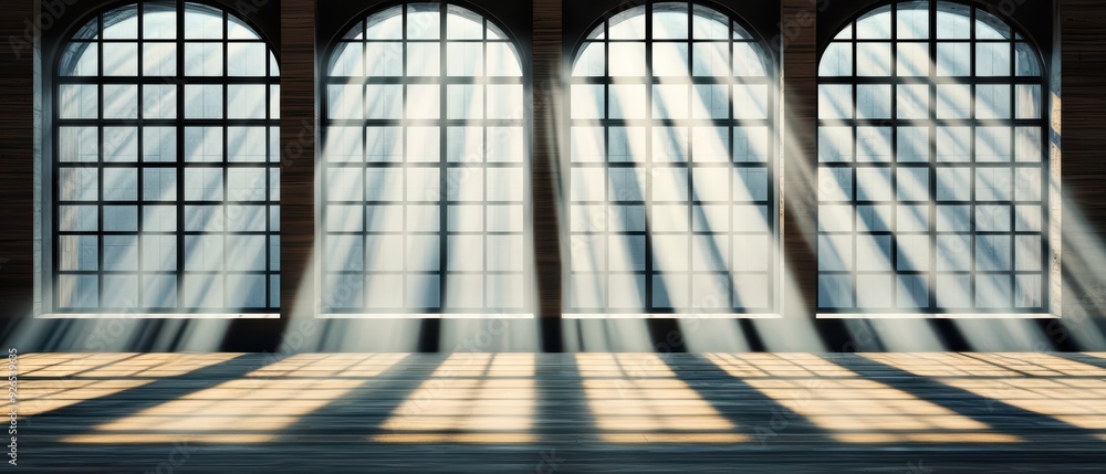 Aufkleber sunlight streams through large windows, casting dramatic shadows on a wooden floor, creating a warm 
