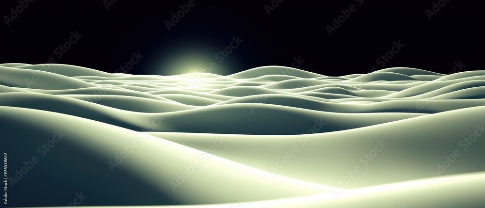 Poster surreal abstract landscape featuring soft waves and a distant light, evoking tranquility and imagina