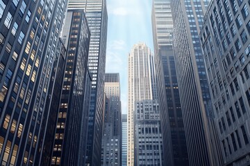 Tall buildings reaching towards the sky, capturing the essence of urban architecture and sunlight filtering through the skyline.