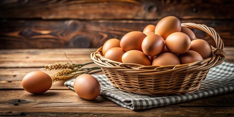 Fresh brown chicken eggs in a basket on a vintage wooden table for a morning breakfast, eggs, basket, brown, chicken, fresh