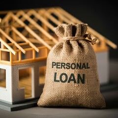 A burlap sack labeled 'Personal loan' in front of a house under construction, symbolizing financing for home building or renovation.