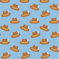 Oktoberfest seamless pattern for gift bag. Brown hunter hat with feather on blue background. Vector cartoon illustration. Print for packaging and wrapping paper. Ornament. Beer festival.