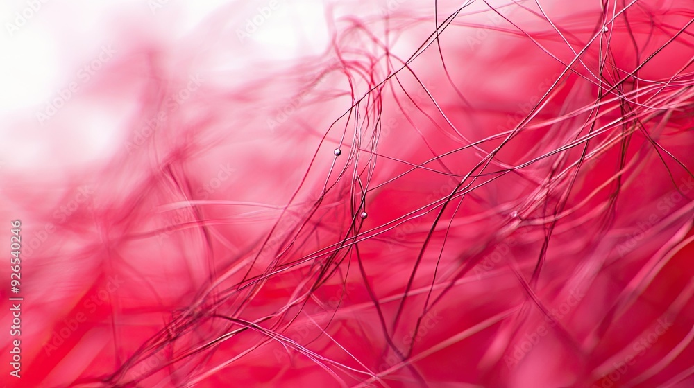 Poster dynamic composition of intertwined red threads, creating an abstract pattern of movement and connect