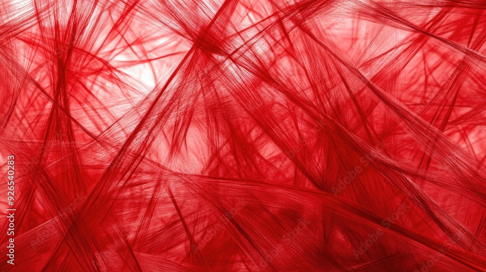 Poster dynamic composition of intertwined red threads, creating an abstract pattern of movement and connect
