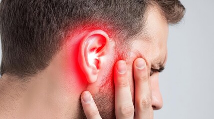 Fototapeta premium A man with an itchy ear due to an ear infection