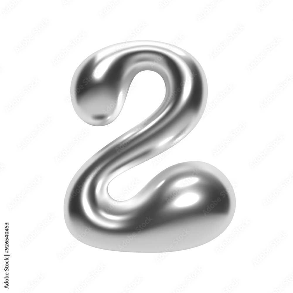 Aufkleber 3d chrome number 2 in y2k bubble style. shiny silver metallic surface with an inflated liquid form. 