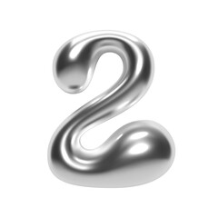 3D chrome number 2 in Y2K bubble style. Shiny silver metallic surface with an inflated liquid form. Isolated numeral two for retro-futuristic typography, vector render font for modern design projects