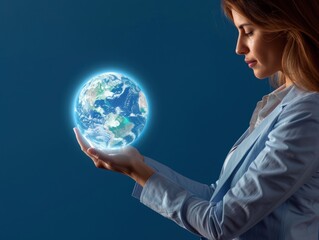 Global expansion strategies discussed by a businesswoman holding a globe, on a royal blue background with space for strategic ideas.
