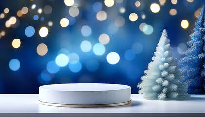  Un podio bianco per la presentazione di prodotti, ambientato su uno sfondo di luci sfocate _1(177)