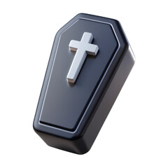 Obraz premium 3D black coffin icon with a cross design on the lid, representing funeral or death-related themes. Isolated on transparent background, png.