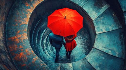 Man and woman with red umbrella in ancient stone spiral staircase