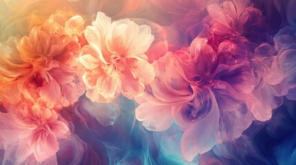 Ethereal floral forms emerge from a kaleidoscope of colors, crafting an abstract and dynamic composition.