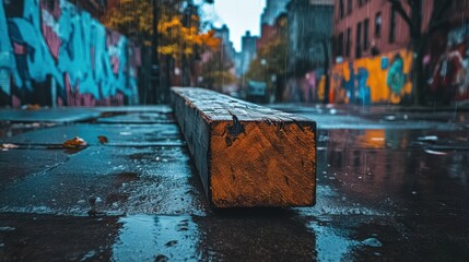 Wooden beam on graffiti-covered street in New York City