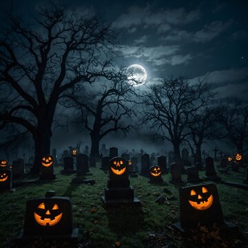 A spooky Halloween night scene featuring a full moon casting an eerie glow over a graveyard with crooked tombstones and jack-o'-lanterns, mist swirling around the ground, and twisted, bare trees 
